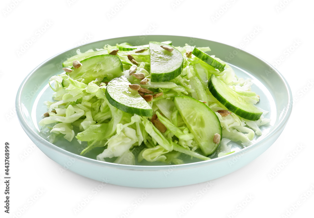 Plate with tasty cabbage salad on white background Plate with tasty cabbage salad on white background