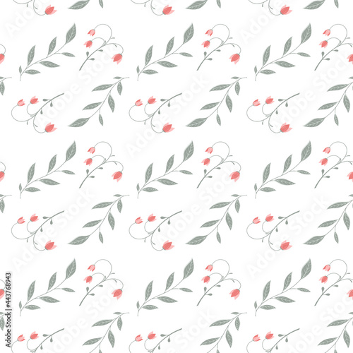Vector illustration, seamless pattern with leaves, twigs, flowers in green, red on a white background
