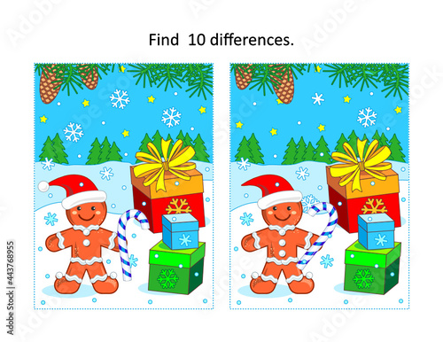 Winter holidays, Christmas or New Year themed find 10 differences visual puzzle with gingerbread man, gift boxes and outdoor night scene
