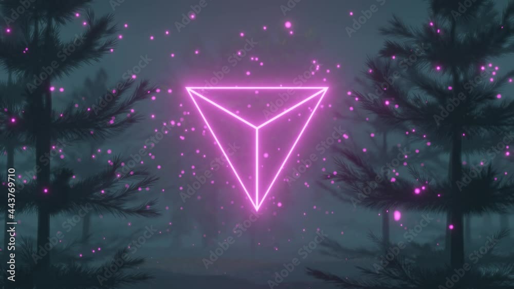 4K video animation of neon triangle and bright colorful lights seamless loop between beautiful Forest landscape scenery with trees movement due to wind and heavy foggy environment.