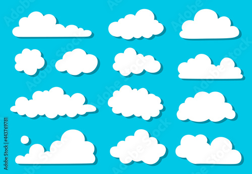 Doodle collection of silhouettes clouds. White clouds, design collection for banner, card, poster. Hand-drawn, doodle elements isolated on blue background.