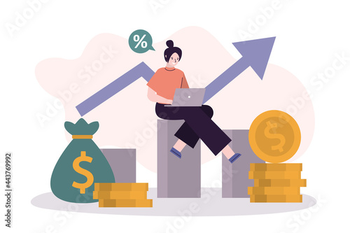 Businesswoman successfully investing online. Cute girl with laptop analyzes investment growth