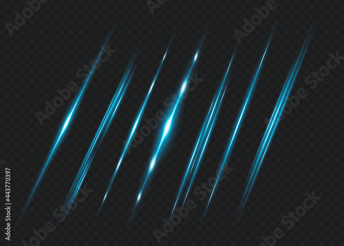 Blue horizontal lens flares pack. Laser beams, horizontal light rays.Beautiful light flares. Glowing streaks on dark background. Luminous abstract sparkling lined background.