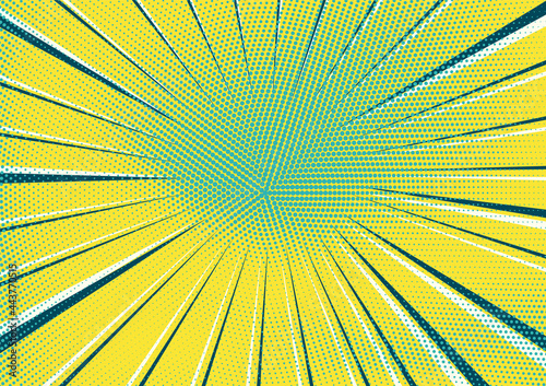 Abstract bright yellow and blue radial halftone dotted background with circle of dark and light stripes. Fresh citrus pop art texture for wallpaper, banner or presentation design