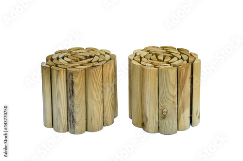 Object, wooden nature log roll edging on white background and clipping path. Idea creating edging around flower space in garden. photo