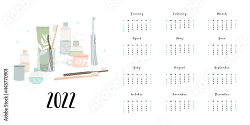 Calendar 2022, 12 months. Week start from Sunday. Event planner, organizer, schedule page design, weekly timetable. Oral care, dental hygiene, teeth health, toiletry. Vector flat cartoon illustration