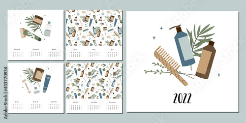Vector calendar 2022, 12 months. Week start from Sunday. Event planner, organizer, schedule design, weekly timetable. Natural skin care. Organic cosmetics. Vegan makeup. Herbal beauty product for face