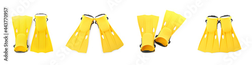 Set with yellow flippers on white background, top view. Banner design