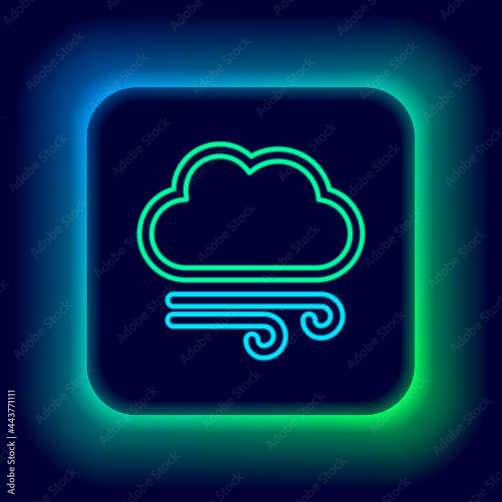 Glowing neon line Windy weather icon isolated on black background. Cloud and wind. Colorful outline concept. Vector Glowing neon line Windy weather icon isolated on black background. Cloud and wind. Colorful outline concept. Vector