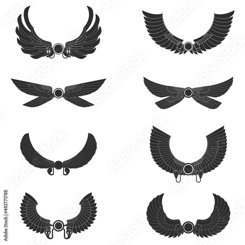 vector monochrome icon set with ancient egyptian symbol Winged sun for your project