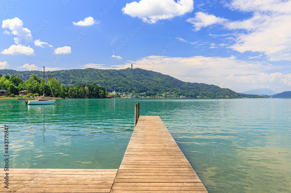 Scenic view over lake Wörthersee near Pritschitz with Pyramidenkogel and Maria Wörth 