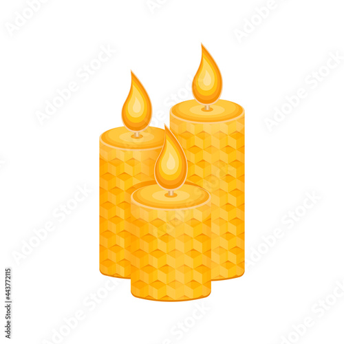 Three beeswax candles on a white background. Environmentally friendly product. Vector illustration