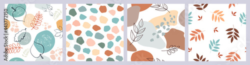 A set of seamless abstract simple minimalistic patterns with leaves, branches, rounded shapes. Natural eco-friendly contemporary design for print, wallpaper, children's, textiles. Vector graphics.