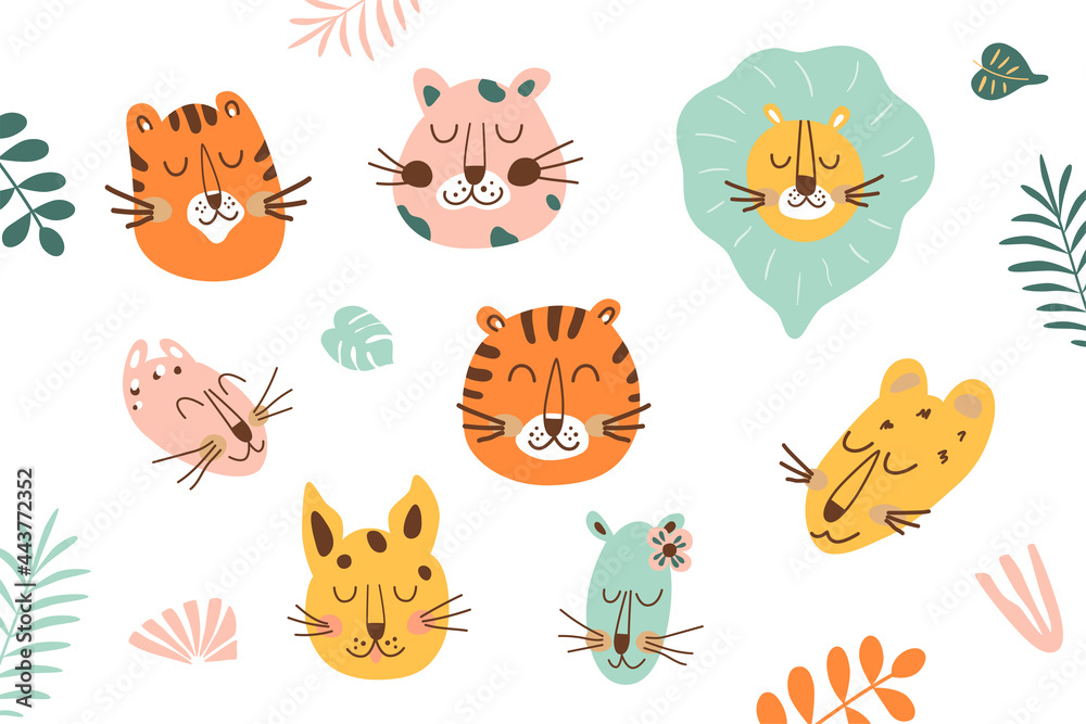 Jungle animal face set. Jungle animal head. Funny tiger, lion, leopard, jaguar head. Cartoon animals portraits. Jungle animal face set. Jungle animal head. Funny tiger, lion, leopard, jaguar head. Cartoon animals portraits.