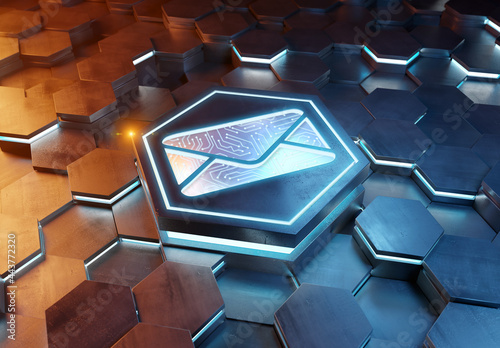 Email icon concept engraved on hexagonal pedestral background. Mail Logo glowing on abstract digital surface. 3d rendering