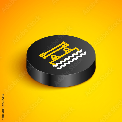 Isometric line Boat with oars and people icon isolated on yellow background. Water sports, extreme sports, holiday, vacation, team building. Black circle button. Vector