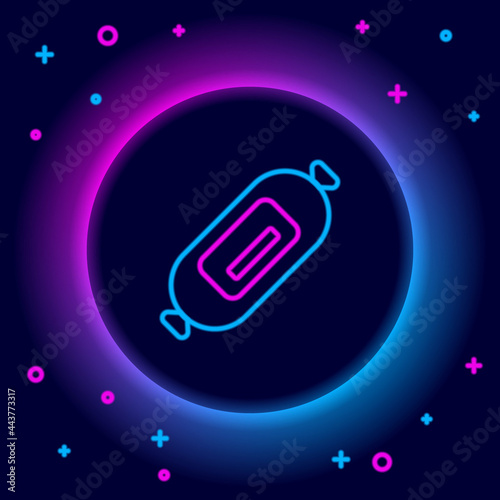 Glowing neon line Salami sausage icon isolated on black background. Meat delicatessen product. Colorful outline concept. Vector
