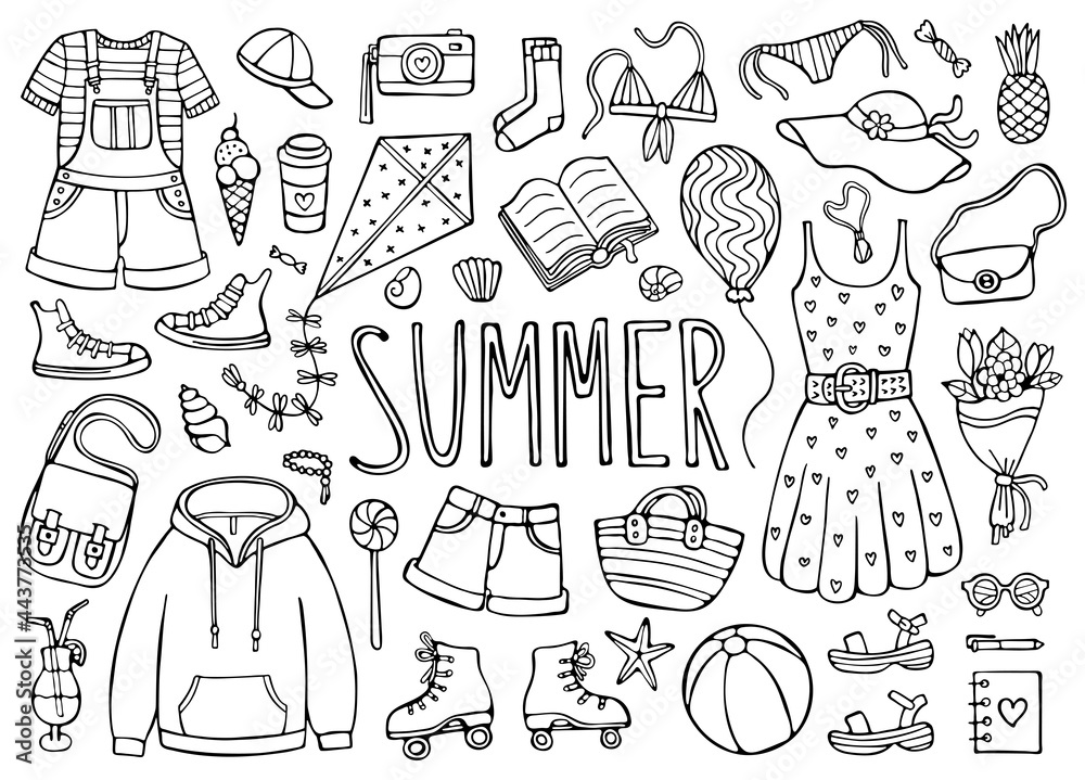 Obraz premium Summer doodle set, black elements isolated on white background. Vector illustration