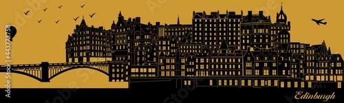 Vector city skyline silhouette - illustration, Town in gold background, Edinburgh Scotland