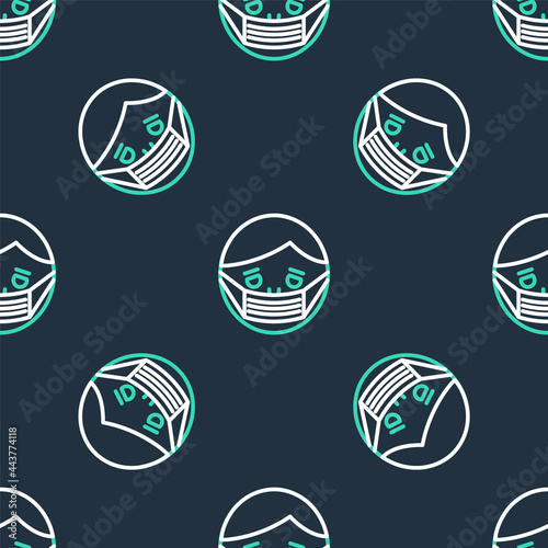 Line Man face in a medical protective mask icon isolated seamless pattern on black background. Quarantine. Vector