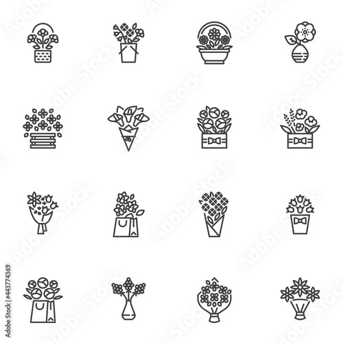 Flowers bouquet line icons set