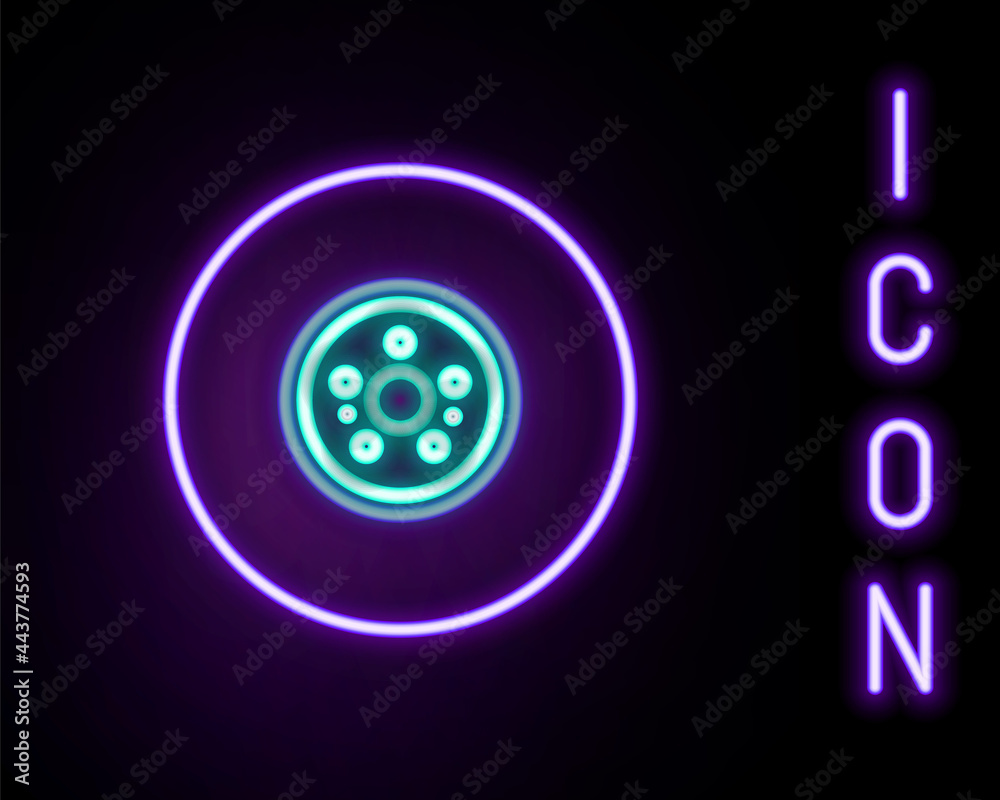 Glowing neon line Car brake disk icon isolated on black background. Colorful outline concept. Vector Glowing neon line Car brake disk icon isolated on black background. Colorful outline concept. Vector