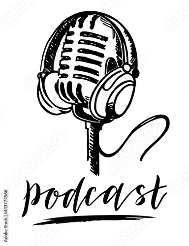 Microphone and Headphones. Radio Recording Logo design. Podcast sketch headphones and microphone. Design of podcast broadcasts. Modern vector illustration.