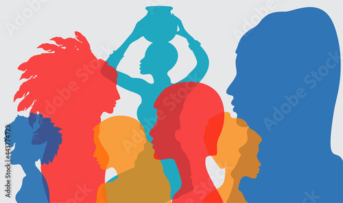 Silhouette profile group of women of diverse culture. Diversity multi-ethnic and multiracial people. Racial equality, anti-racism. Multicultural society. The concept of women, femininity, diversity.