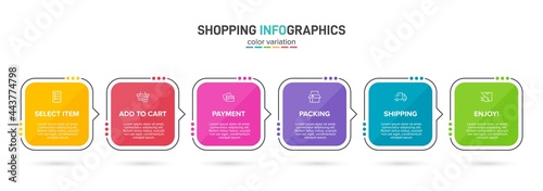 Concept of shopping process with 6 successive steps. Six colorful graphic elements. Timeline design for brochure, presentation, web site. Infographic design layout.