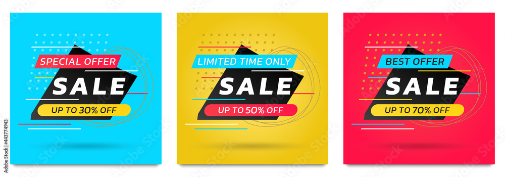 Sale banner or poster set. Modern discount card design template for promotion and social media advertising. Special offer, price off layout with abstract geometric shapes. Vector illustration.