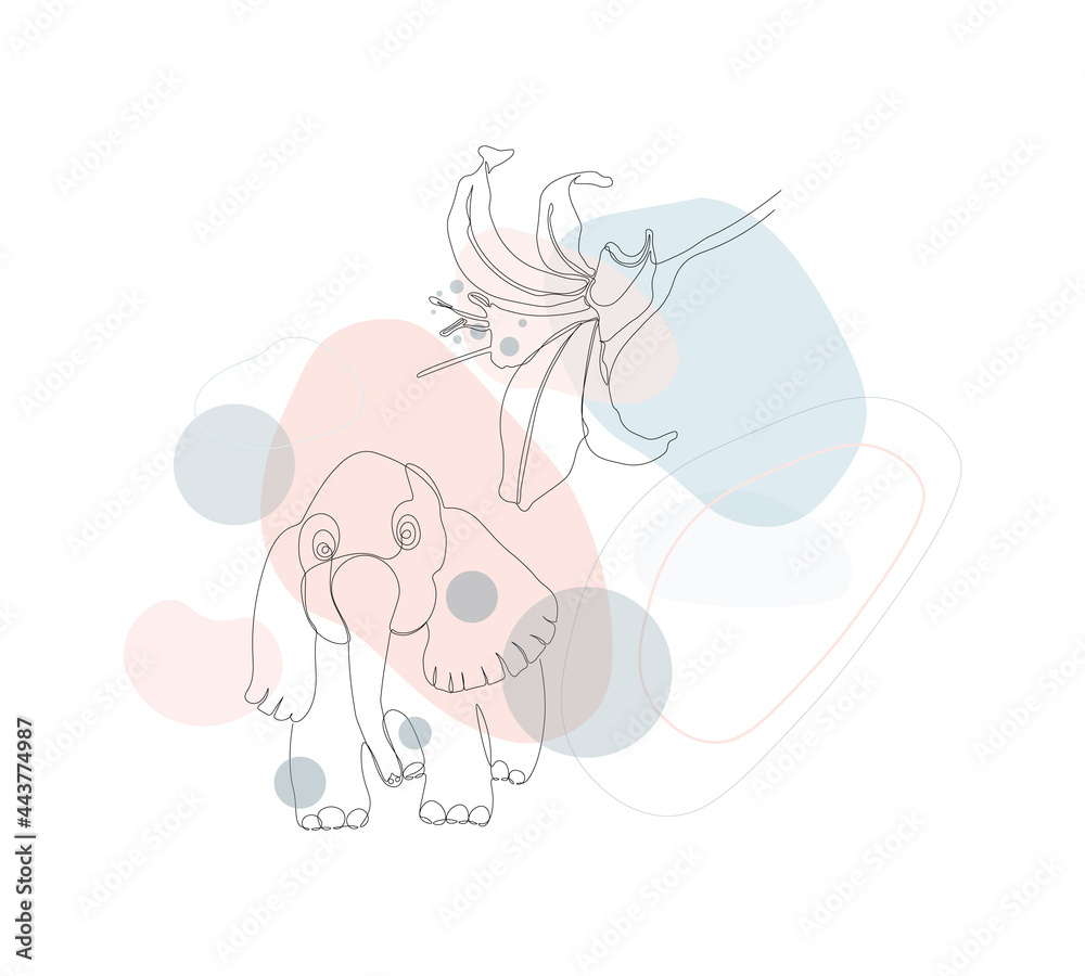 Cute baby elephant pink. Cartoon vector illustration drawing in the style of line art of the silhouette of an animal on abstract background. Birthday greeting card Cute baby elephant pink. Cartoon vector illustration drawing in the style of line art of the silhouette of an animal on abstract background. Birthday greeting card