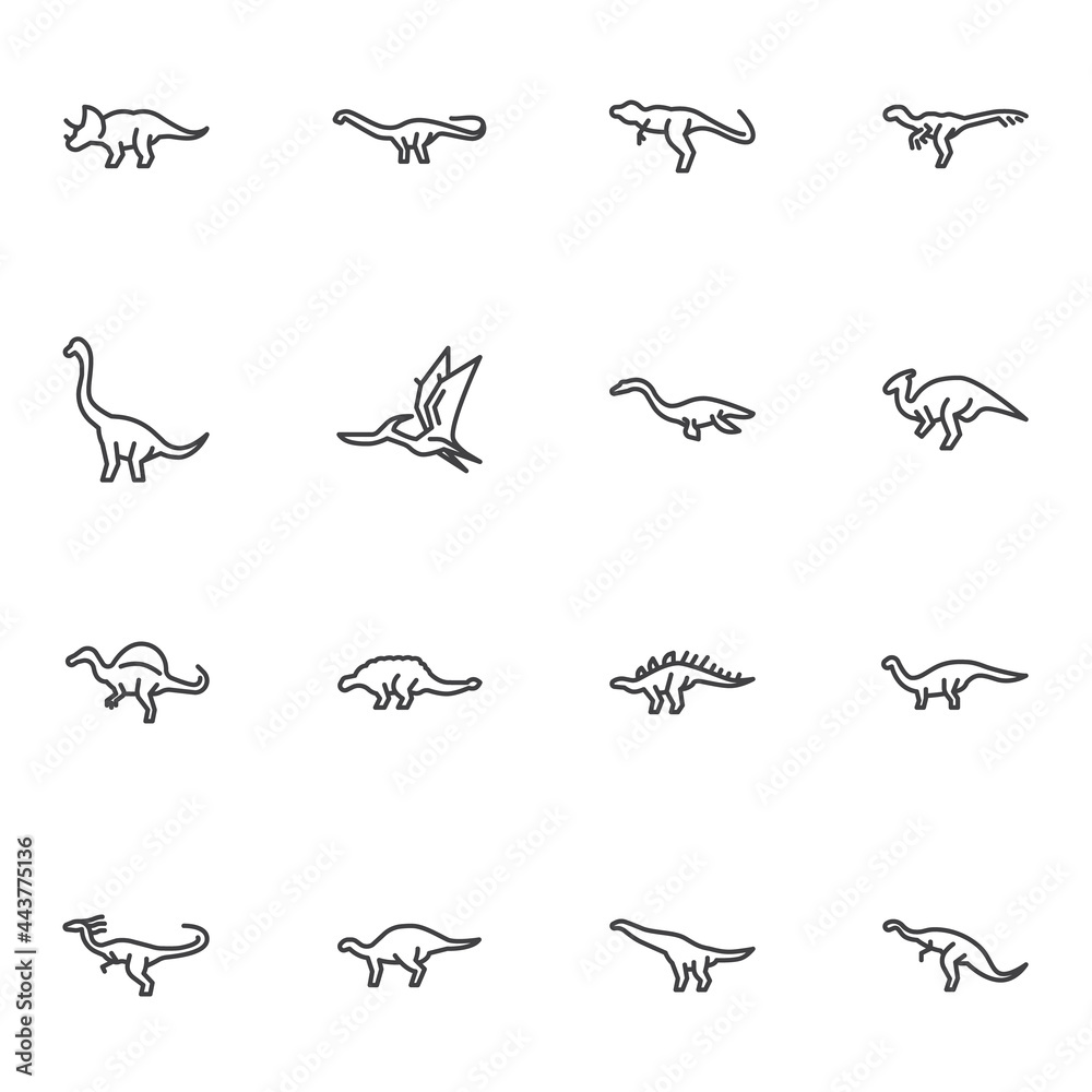 Dinos, dinosaurs line icons set Dinos, dinosaurs line icons set