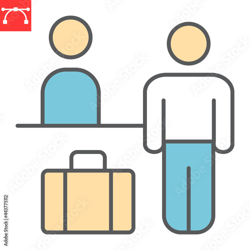 Airport check in color line icon, person with luggage at registration desk, Airport reception vector icon, vector graphics, editable stroke filled outline sign, eps 10.