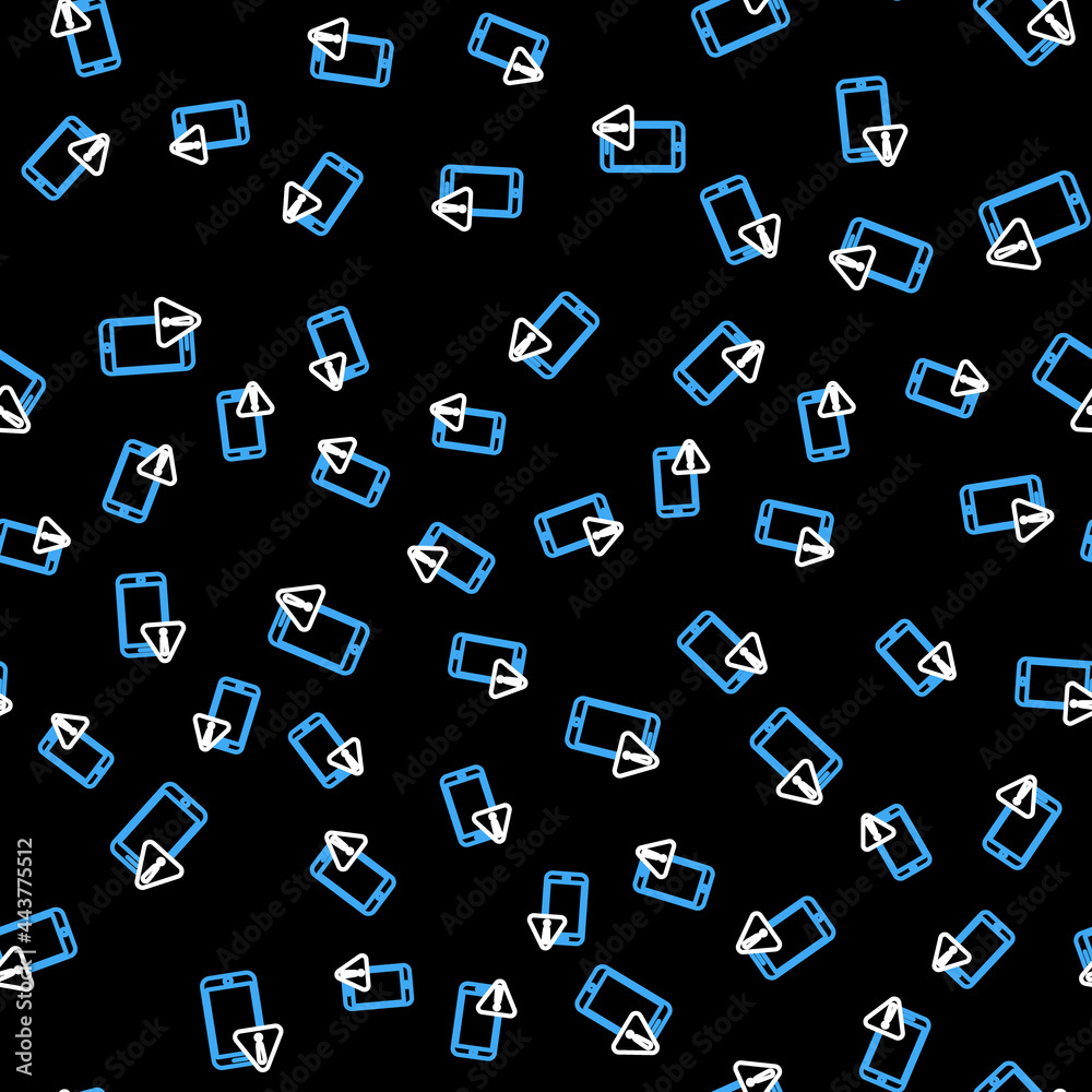 Line Mobile phone with exclamation mark icon isolated seamless pattern on black background. Alert message smartphone notification. Vector Line Mobile phone with exclamation mark icon isolated seamless pattern on black background. Alert message smartphone notification. Vector