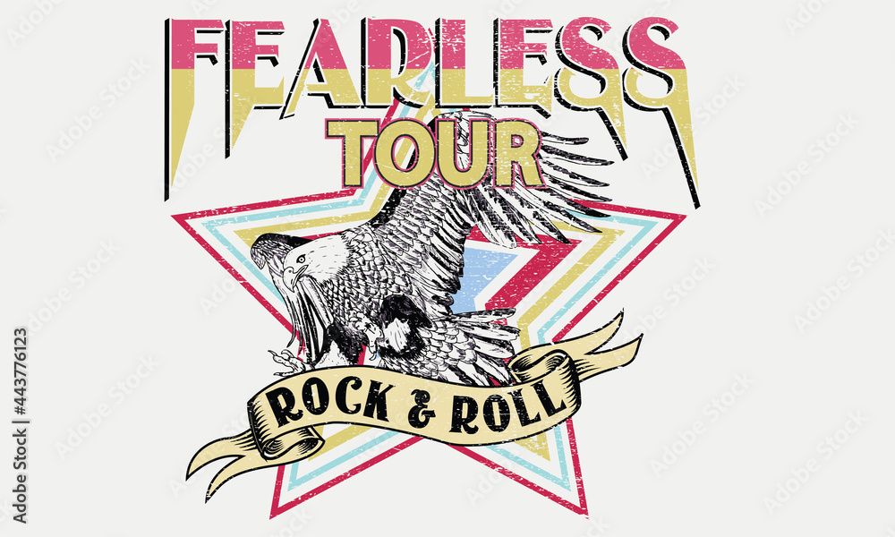 Fearless rock and roll tour t shirt design. Eagle music poster artwork for fashion. Rebel rocking print illustration for apparel and others. - obrazy, fototapety, plakaty 