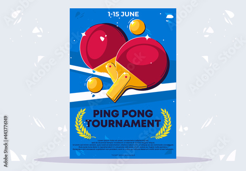 Vector illustration of a poster template and a flyer for a ping pong table tennis tournament, two small ping pong rackets with a small ball, on a blue background