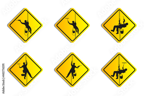 Industrial climber, alpinism. Silhouette. Logo, Warning sign. Vector isolated