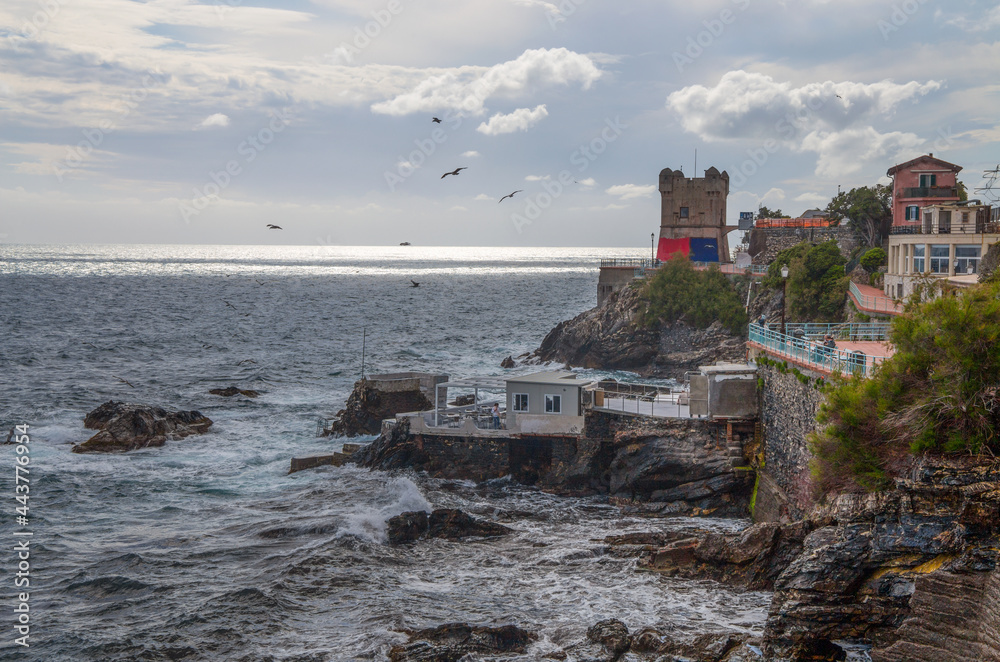 Genoa Nervi in a cloudy day and rough sea, Genoa, Italy.