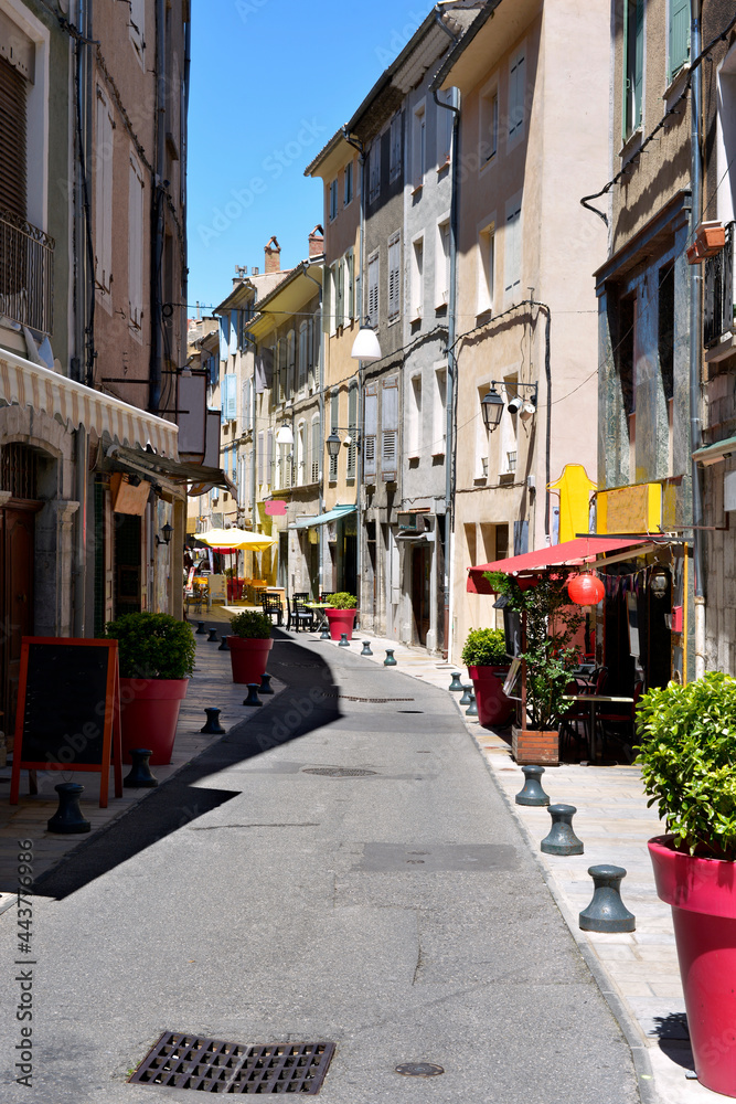 Shopping street  of Sisteron, a commune in the Alpes-de-Haute-Provence department in the Provence-Alpes-Côte d'Azur region in southeastern France 