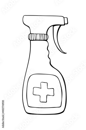 Template bottle spray hand sanitizer. Personal hygiene product. Antiseptic dispenser disinfects, protects coronavirus bacteria. Vector outline icon in flat doodle style isolated