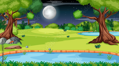 Nature forest landscape at night scene with long river flowing through the meadow