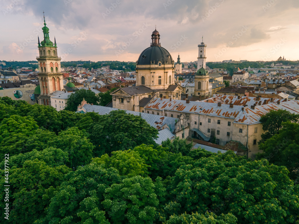 aerial view of lviv city at summer time