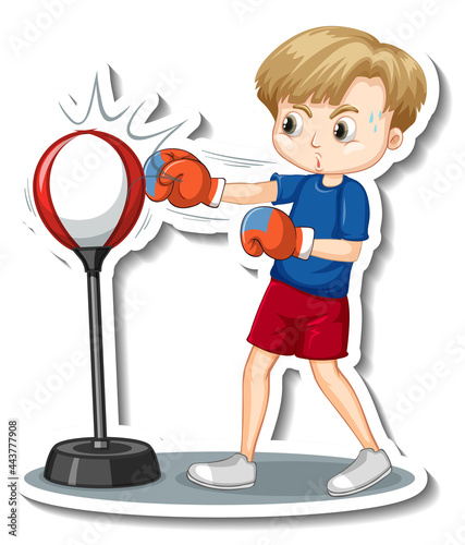 Sticker design with a boy punching bag cartoon character