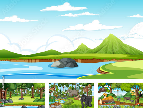 Set of different forest horizontal scene with various wild animals