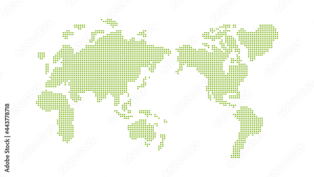 世界地図 簡略ドットイラスト。デジタルイメージ（緑ドット、白背景）