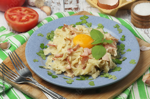A plate with traditional pasta carbonara