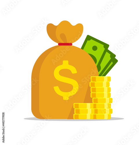 Vector bank bag with dollar symbol coins and banknotes. Cash money icon. Wealth and earnings. The concept of business success. Game coins flat illustration isolated on white