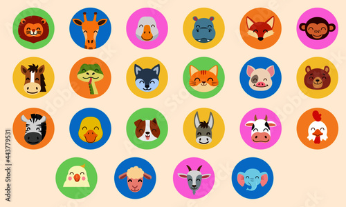 cartoon icon pack Flat headed wild animals and pets vector illustration
