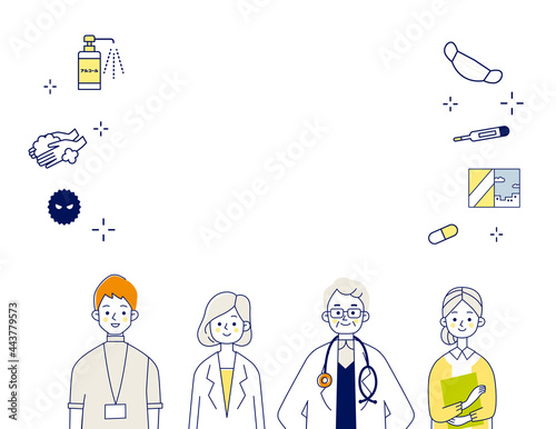 病院で働く人々と感染症対策アイコンのイラストベクター