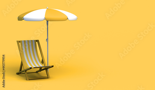 Folding beach chair with parasol on pastel yellow background. Banner. Copy space. 